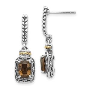 925 Sterling Silver w 14K act Antiqued Cushion Smoky Quartz Post Dangle Earrings
